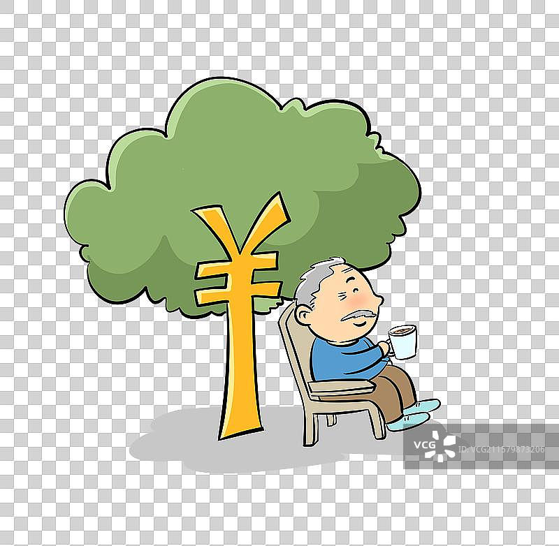 坐在一棵树干是钱的大树下喝茶的老人图片素材