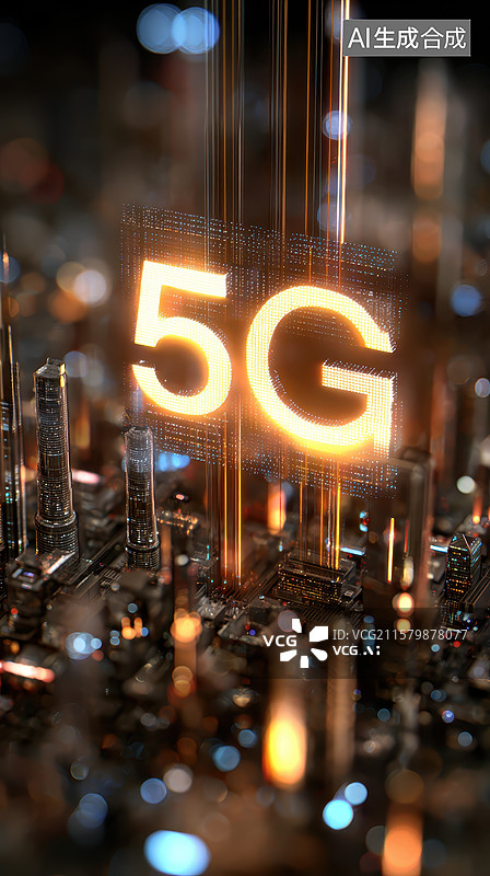 【AI数字艺术】科技都市中 “5G” 立体文字散发橙色光效的未来魅力图片素材