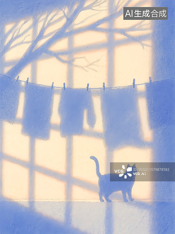 【AI数字艺术】蓝色的窗户，树枝和晾晒的衣服，梦幻般的影子插画图片素材
