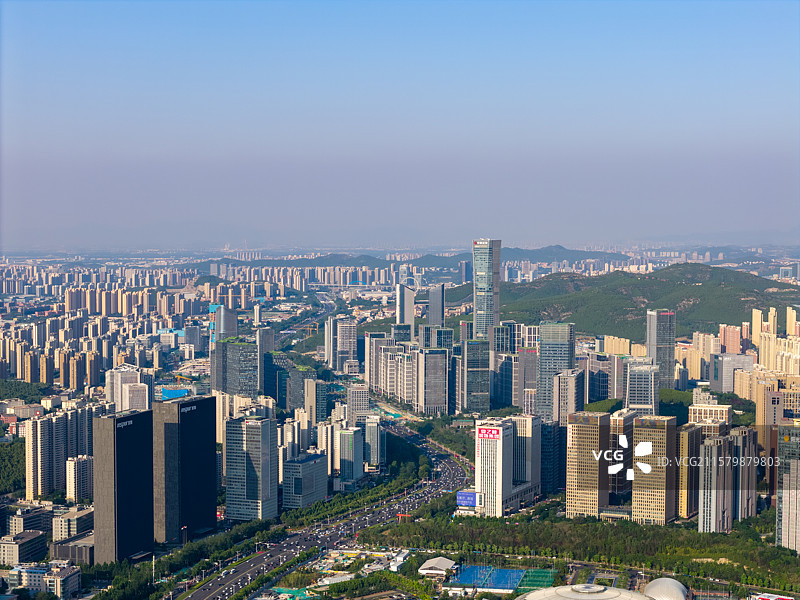 航拍济南奥体中心高新区汉峪金谷经十路现代化都市图片素材