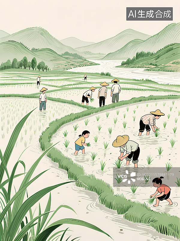 【AI数字艺术】新中式绿色芒种插秧插画图片素材