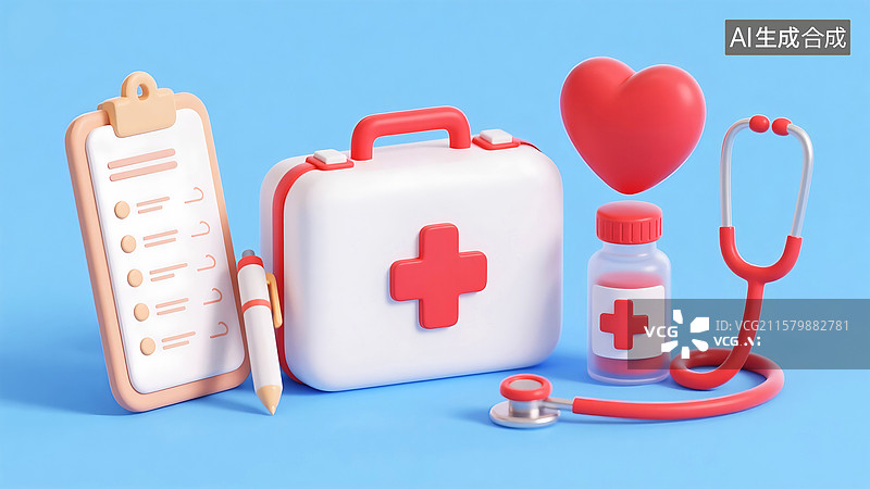 【AI数字艺术】卡通急救药箱与医疗工具3D渲染图片素材