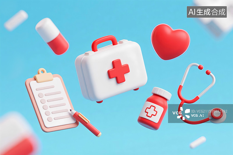 【AI数字艺术】卡通急救药箱与医疗工具3D渲染图片素材