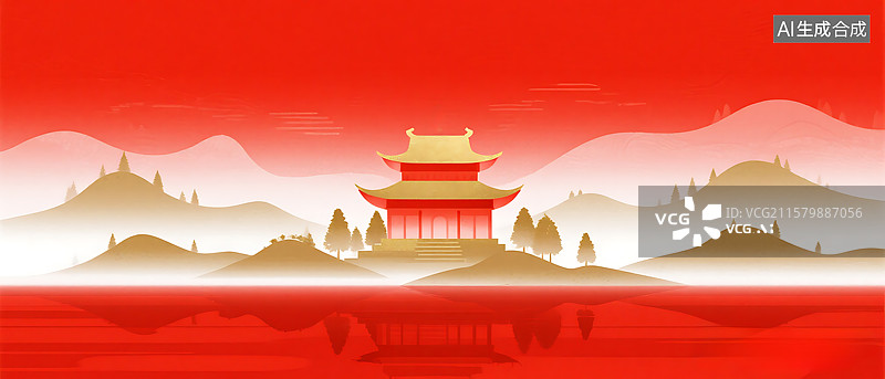 【AI数字艺术】极简红色中式美学建筑山水风景图片素材