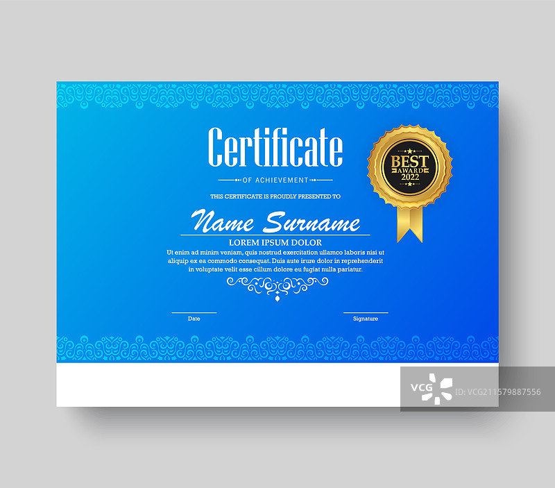 蓝色成就证书最佳奖项文凭图片素材