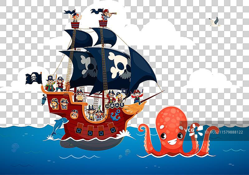 海盗帆船上有小水手和章鱼图片素材