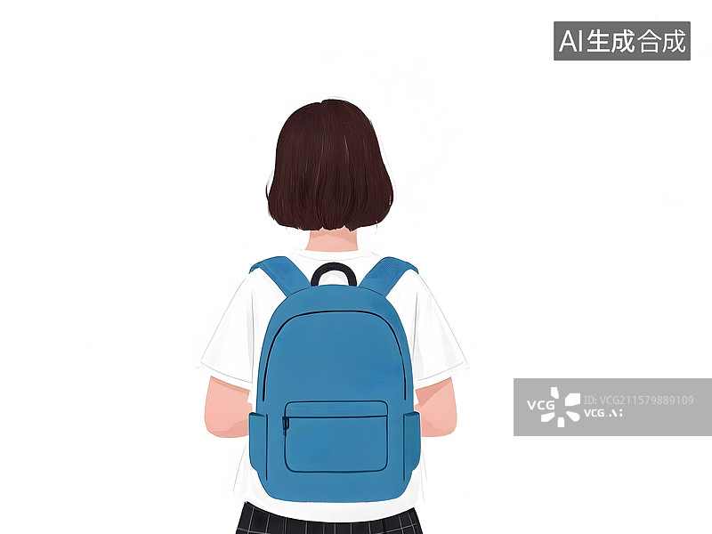 【AI数字艺术】白色背景下的一个女生背着书包的背影图片素材