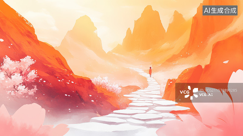 【AI数字艺术】水间落英缤纷的石板小桥图片素材