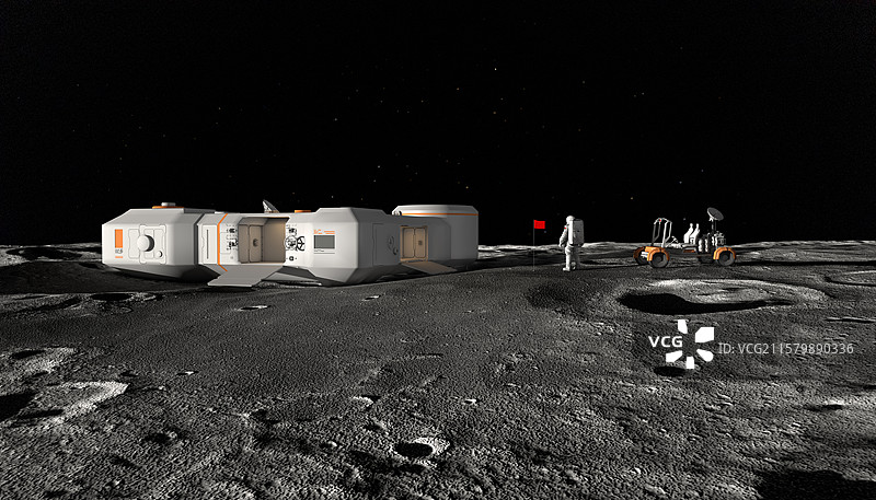 宇航员在月球上，月球表面，未来月球基地，月球车，太空宇宙探索图片素材