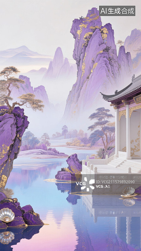 【AI数字艺术】山水楼阁紫霞映照图片素材