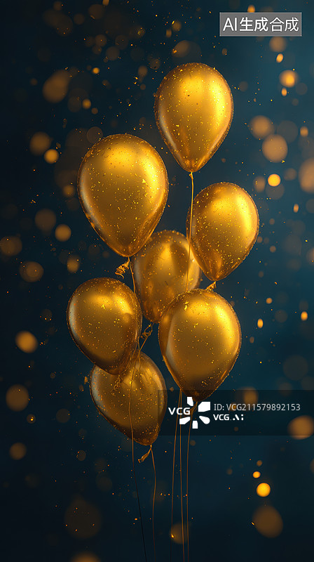 【AI数字艺术】金色气球在深蓝背景中飘浮图片素材