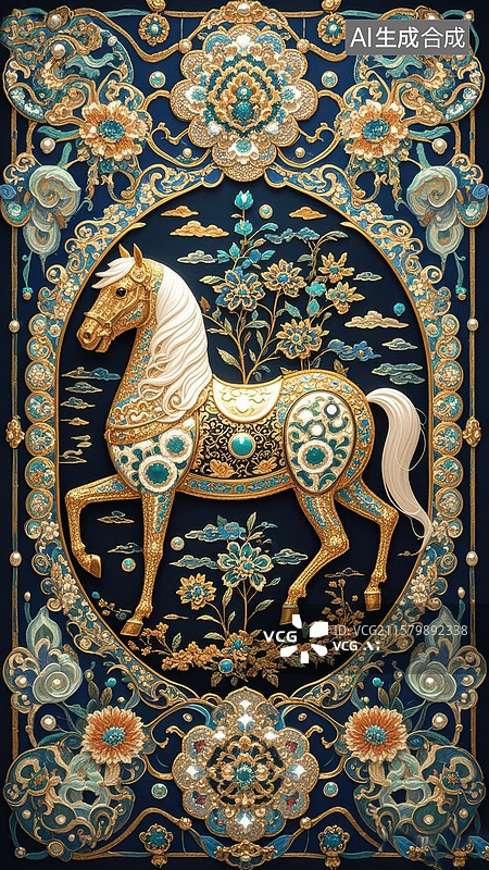 【AI数字艺术】华丽装饰下的金色骏马图片素材