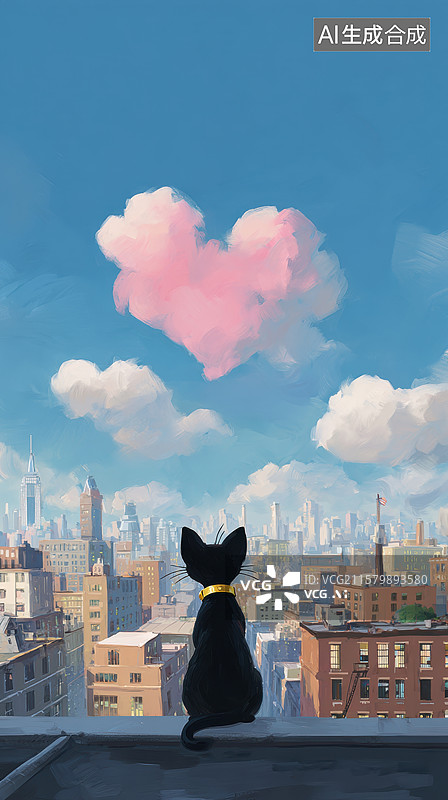 【AI数字艺术】屋顶上的黑猫仰望心形云朵图片素材
