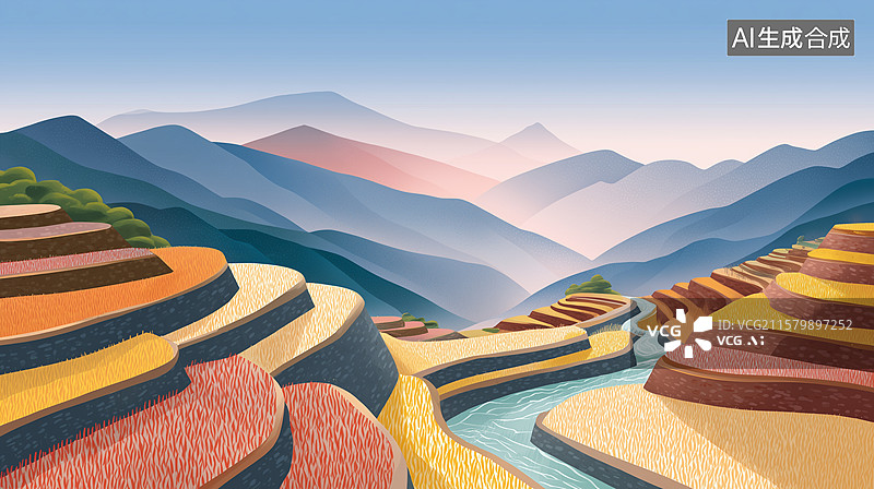 【AI数字艺术】梯田山峦多彩田园风景插画图片素材