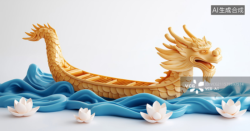 【AI数字艺术】金色龙舟在蓝色波浪中图片素材