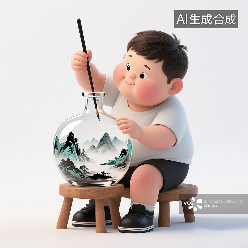 【AI数字艺术】绘制鼻烟壶内画的圆胖小男孩图片素材