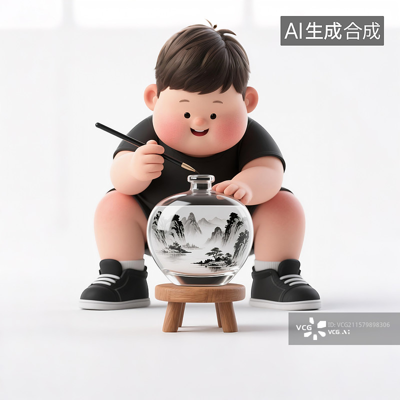 【AI数字艺术】绘制山水瓶子画的小男孩图片素材
