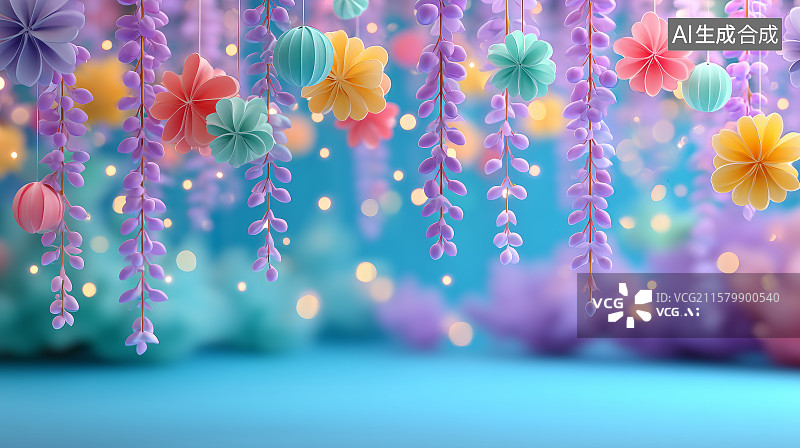 【AI数字艺术】色彩斑斓的花卉与灯笼装饰场景图片素材