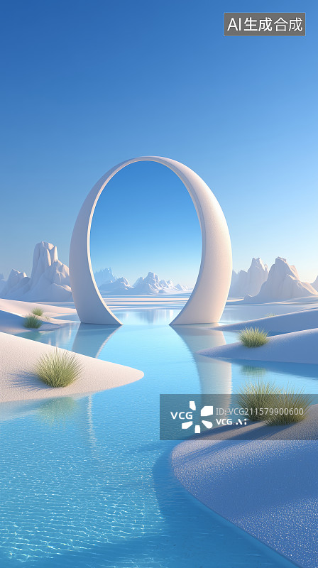 【AI数字艺术】梦幻拱门与静谧湖景图片素材