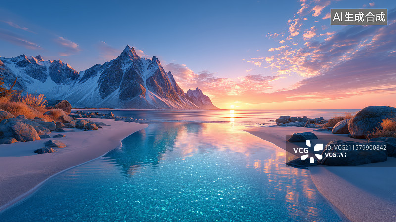 【AI数字艺术】清澈湖水与山脉的壮丽景观图片素材