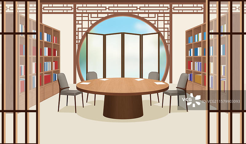 室内谈话访谈节目演播厅对话演讲讨论话题书房书柜柜子圆桌场景插画图片素材