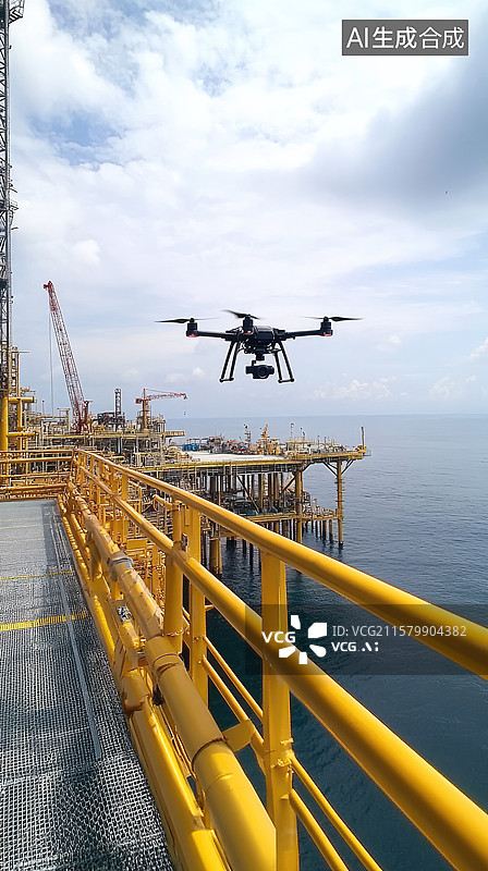 【AI数字艺术】日落时分无人机航拍检查海上石油平台工业勘探技术低空经济能源行业质量控制科技进步创意商业背景图片素材