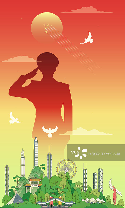 深圳城市建军节国庆节风景描边矢量插画图片素材