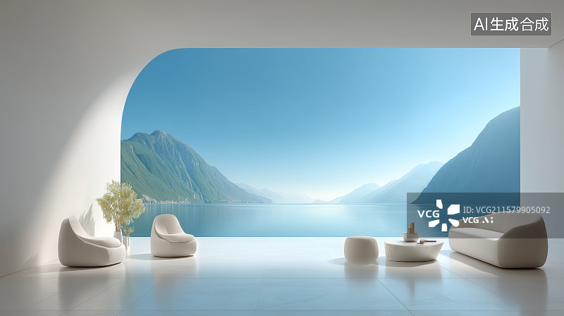 【AI数字艺术】现代简约露台远眺湖山美景图片素材