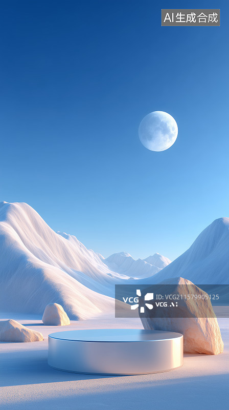 【AI数字艺术】雪地月光下的圆形平台图片素材