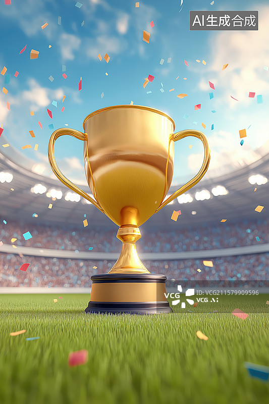 【AI数字艺术】金色奖杯在体育场中央闪耀图片素材