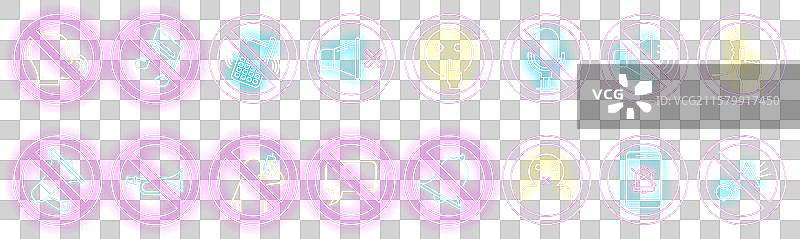 霓虹灯无声和噪音禁止标志集图片素材