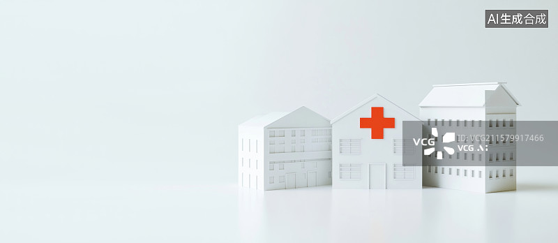 【AI数字艺术】3D三维白色卡通医院与城市模型背景医院图片素材
