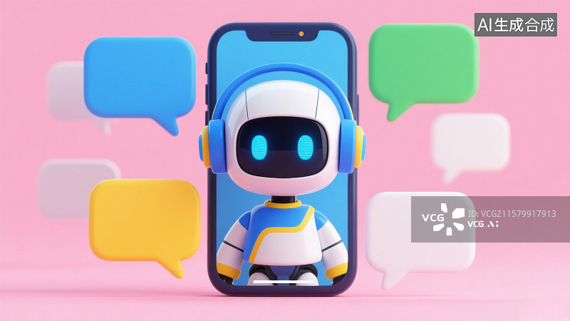 【AI数字艺术】3D三维机器人助手移动智能手机移动端智能虚拟助手科技主题图片素材
