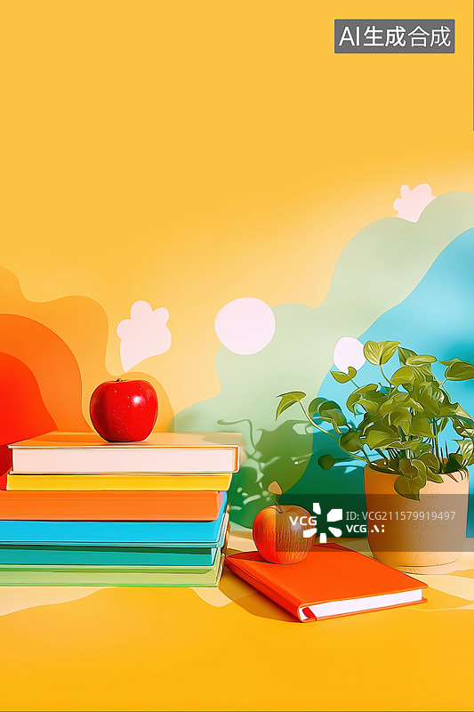 【AI数字艺术】书本与苹果的静物组合图片素材