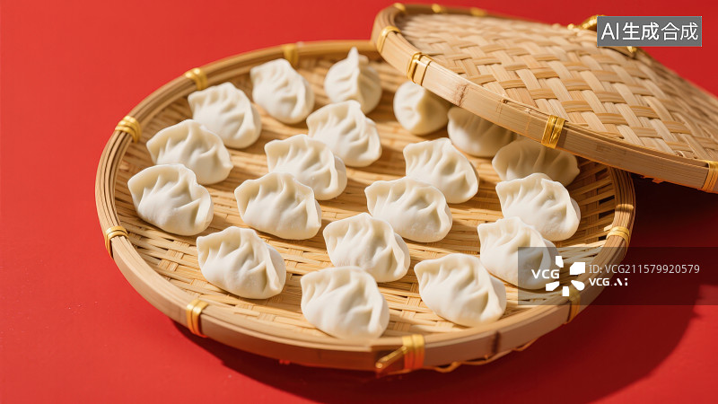 【AI数字艺术】竹制托盘上整齐摆放的生饺子，美食广告传统文化宣传图片素材