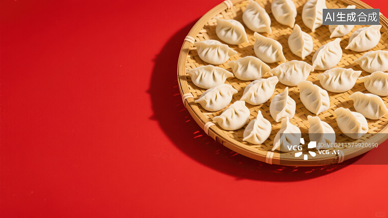 【AI数字艺术】竹制托盘上整齐摆放的生饺子，美食广告传统文化宣传图片素材