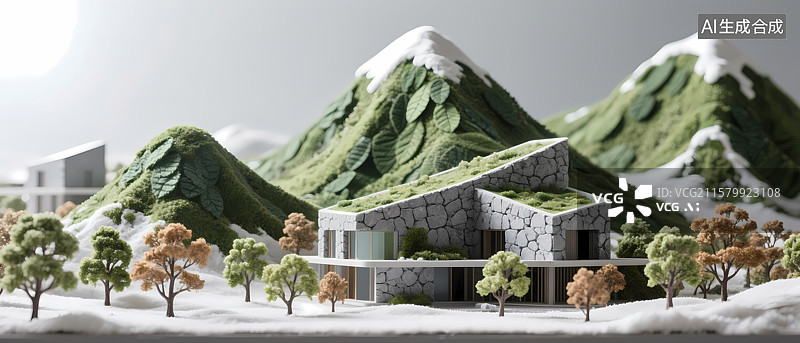 【AI数字艺术】山间现代石屋模型图片素材