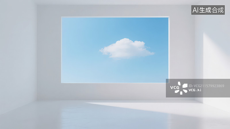 【AI数字艺术】极简主义空间美学风格室内空间框景外的蓝天白云图片素材