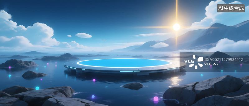 【AI数字艺术】未来圆形平台悬浮于宁静湖面之上图片素材