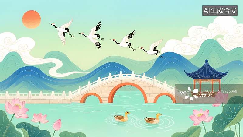 【AI数字艺术】水墨江南的诗意画卷——仙鹤齐飞的山水东方意境图片素材