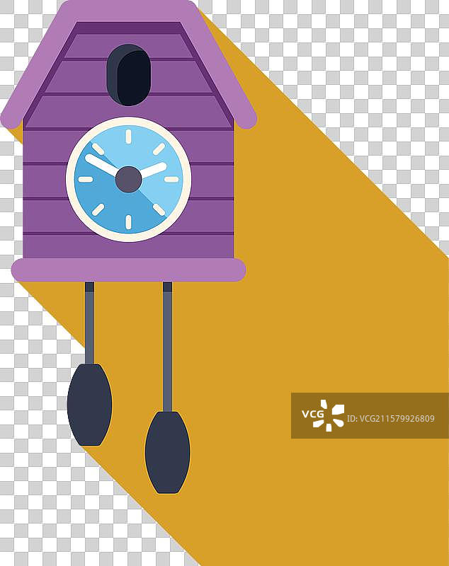 紫色的布谷鸟钟在黄色背景上敲响十二点图片素材