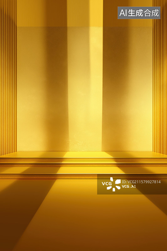 【AI数字艺术】金色圆形舞台与光柱背景图片素材