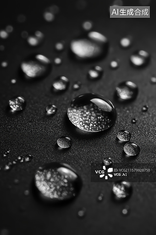 【AI数字艺术】黑色表面上的水滴特写图片素材