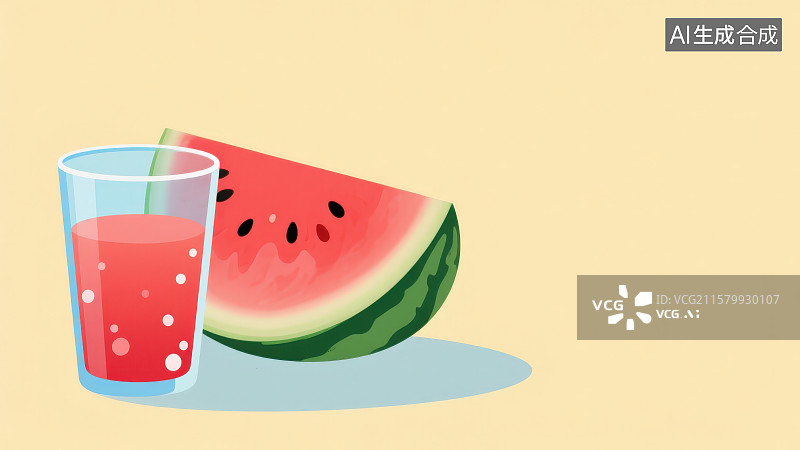 【AI数字艺术】切片西瓜与西瓜果汁饮品插画纯色浅黄色背景图片素材