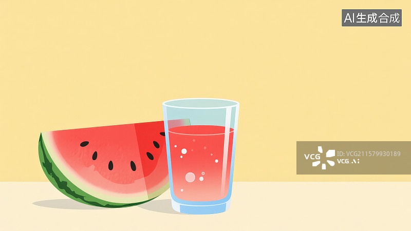 【AI数字艺术】切片西瓜与西瓜果汁饮品插画纯色浅黄色背景图片素材