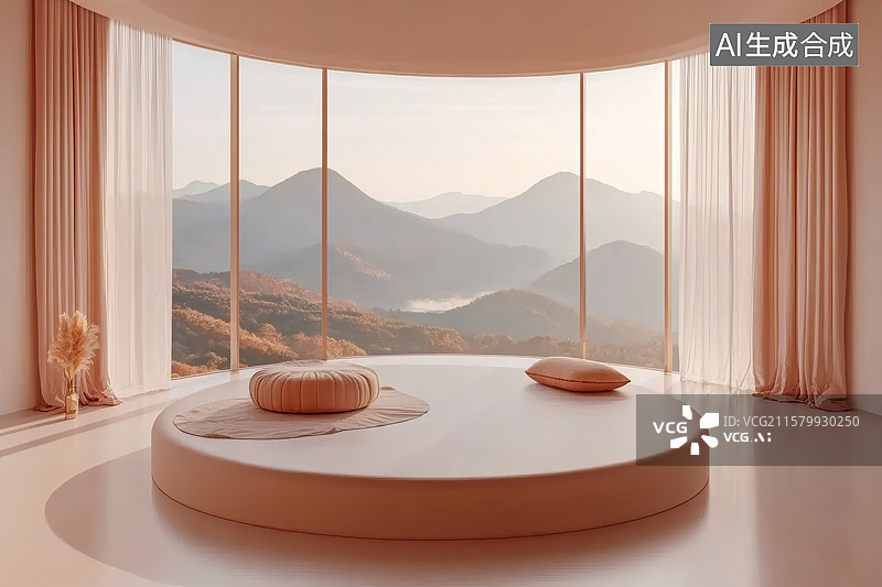 【AI数字艺术】圆窗卧室自然场景图片素材