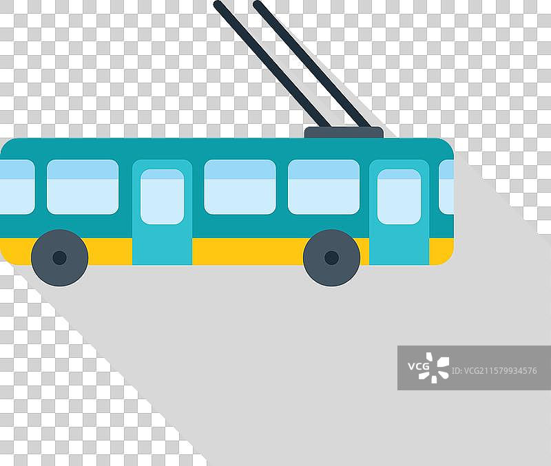 现代无轨电车在平坦的道路上行驶，车门敞开。图片素材