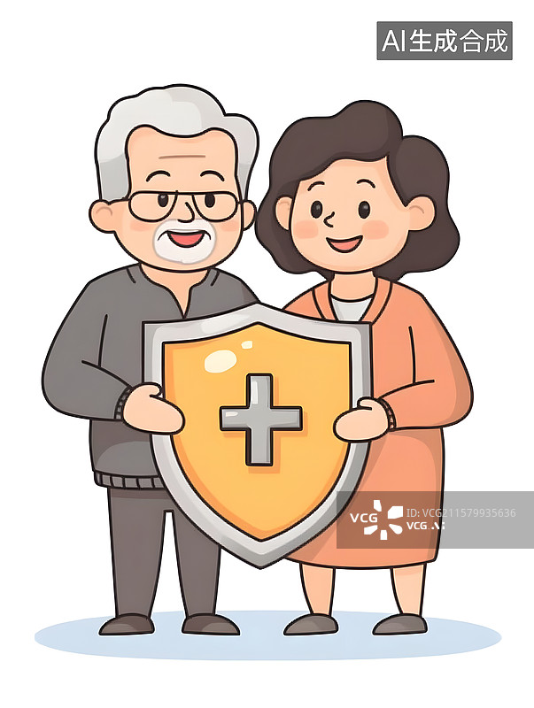 【AI数字艺术】AIGC：老年伴侣手拿安全盾牌插图插画图片素材