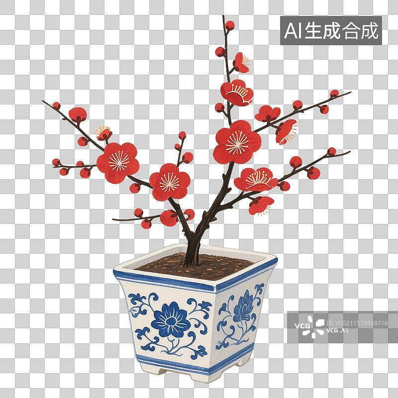 【AI数字艺术】国风手绘插画，中国风喜庆的红梅，春节大红色梅花，新年，插花免抠素材图片素材