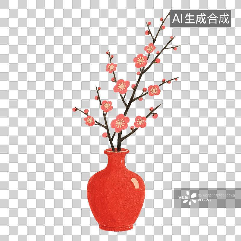 【AI数字艺术】国风手绘插画，中国风喜庆的红梅，春节大红色梅花，红色梅瓶，花瓶插花，新年，插花免抠素材图片素材